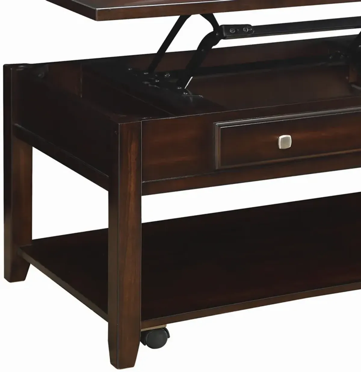 Modern Lift Top Wooden Coffee Table With Storage & Shelf, Walnut Brown-Benzara