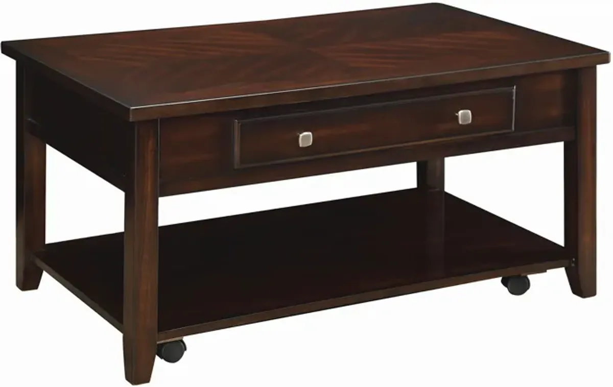 Modern Lift Top Wooden Coffee Table With Storage & Shelf, Walnut Brown-Benzara