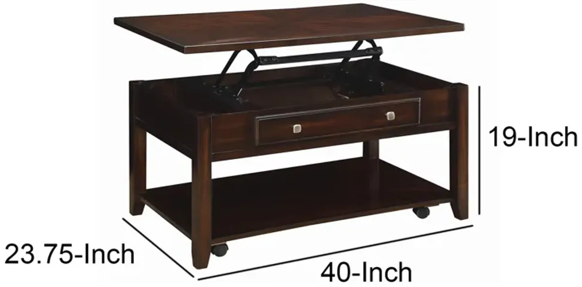 Modern Lift Top Wooden Coffee Table With Storage & Shelf, Walnut Brown-Benzara