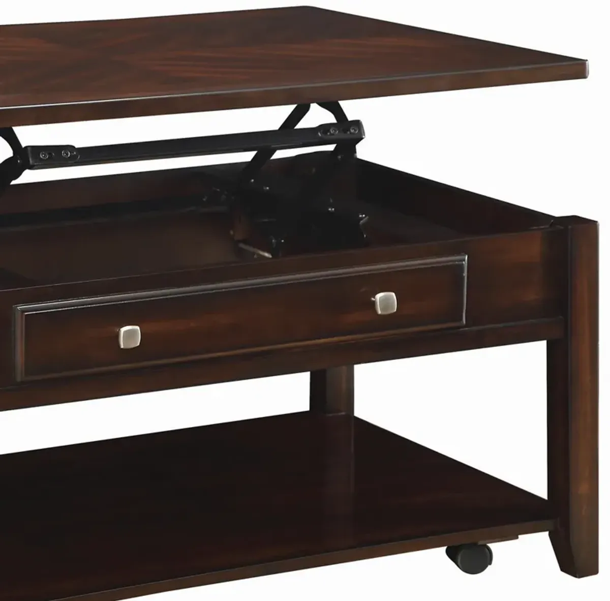 Modern Lift Top Wooden Coffee Table With Storage & Shelf, Walnut Brown-Benzara