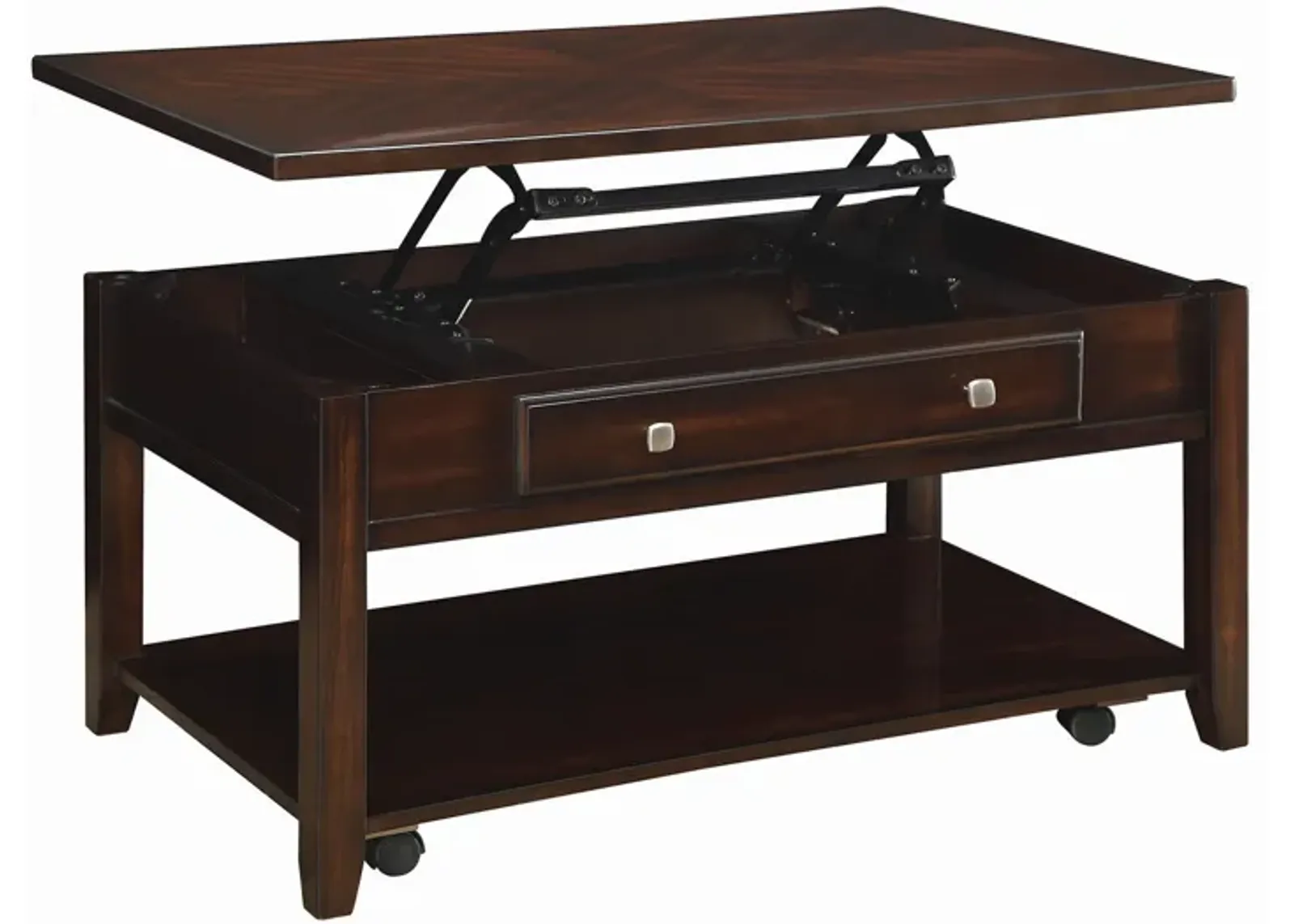 Modern Lift Top Wooden Coffee Table With Storage & Shelf, Walnut Brown-Benzara