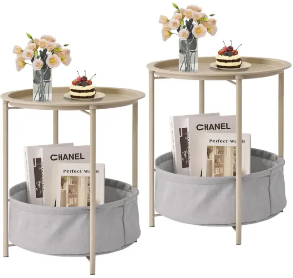 VECELO Round Side/End Table with Fabric Storage Basket