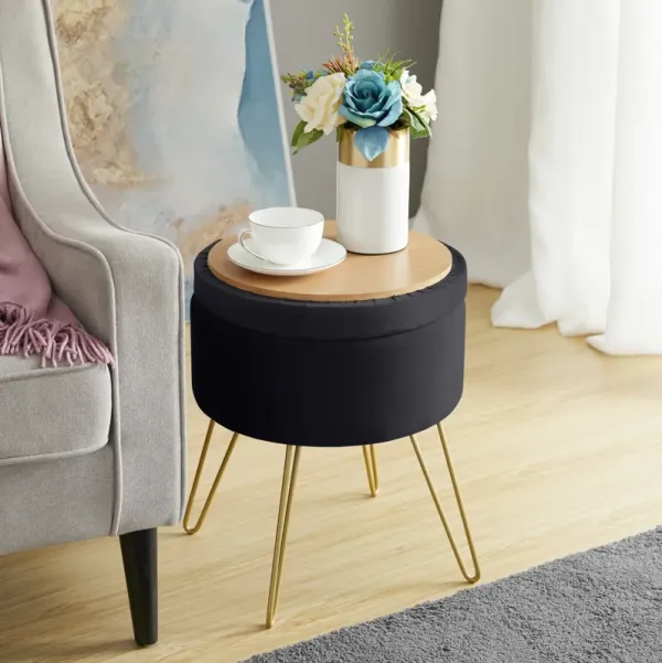 Round Velvet Storage Ottoman - Black