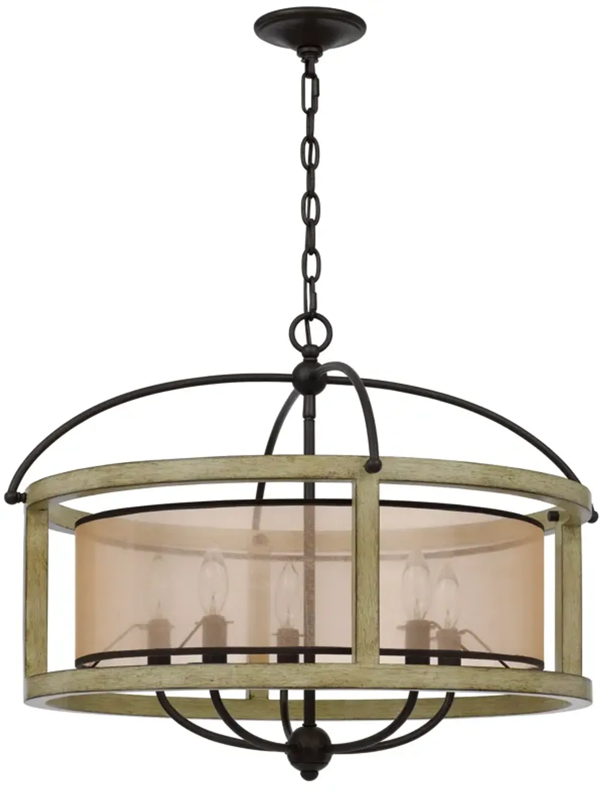 Acia 26 Inch Chandelier, Classic Round Organza Shade Wood, Metal  - Benzara