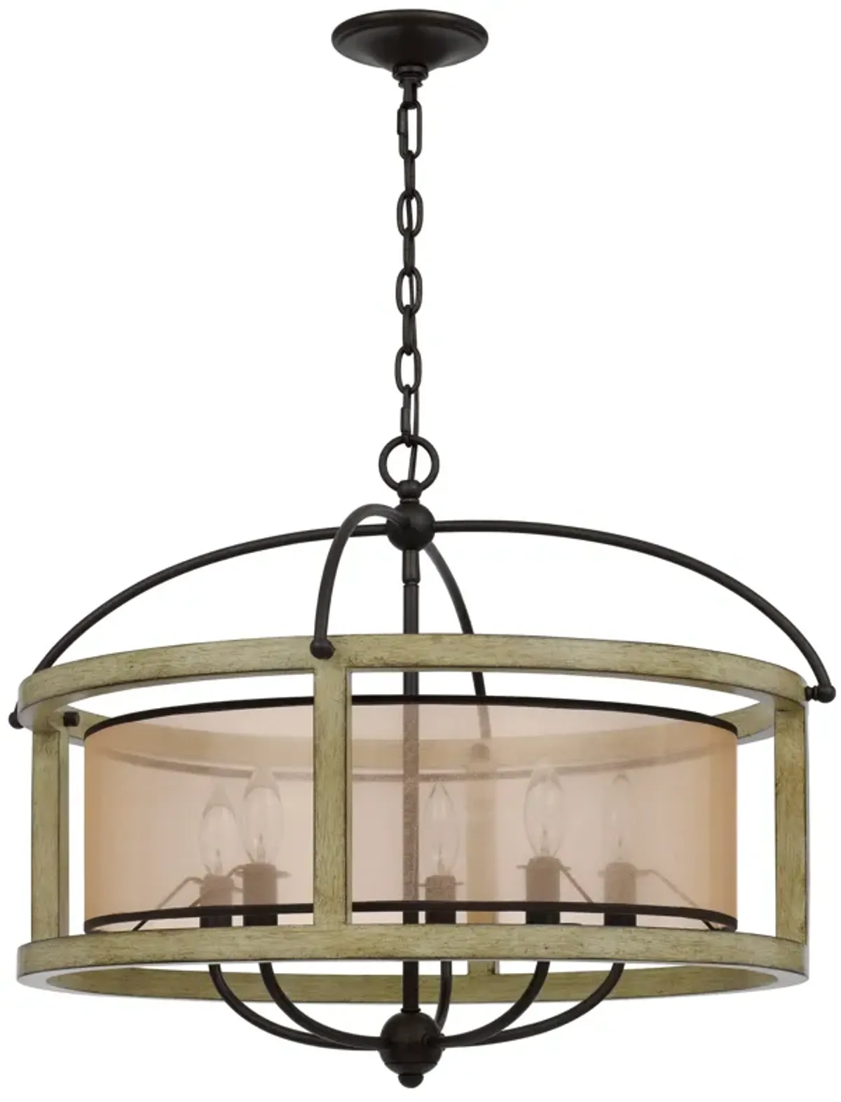 Acia 26 Inch Chandelier, Classic Round Organza Shade Wood, Metal  - Benzara