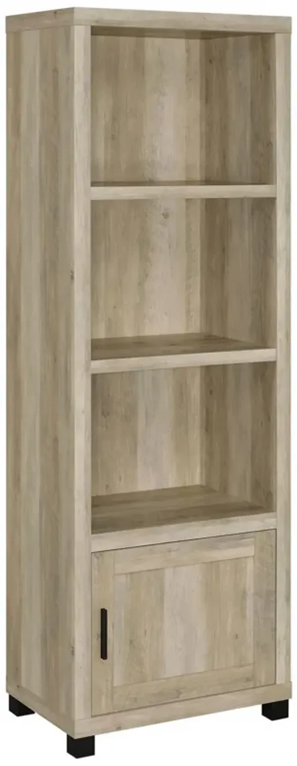 Sac 71 Inch Media Pier Tower with 3 Shelves and Cabinet, Antique Pine Wood - Benzara