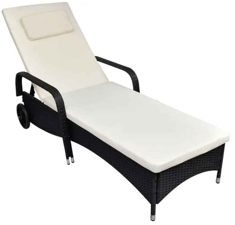 vidaXL Sun Lounger with Cushion & Wheels Poly Rattan Black