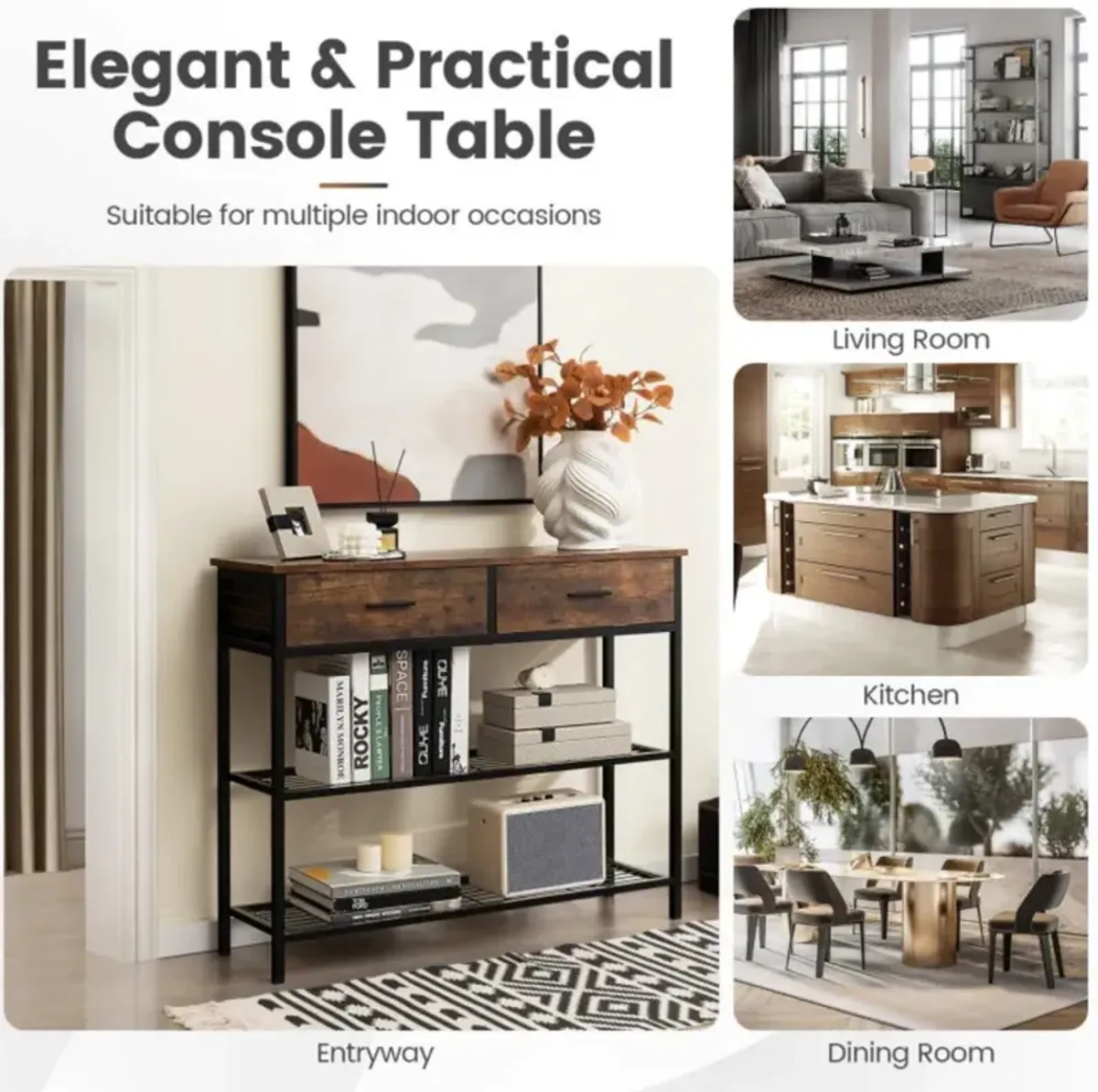 Hivvago Entryway Table with 2 Drawers and 2-Tier Shelves