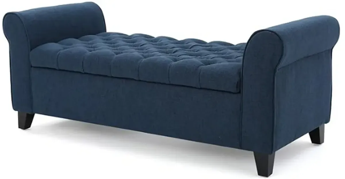 Shawn Storage Bench with Rolled Arms, 50 Inch Button Tufted, Dark Blue - Benzara