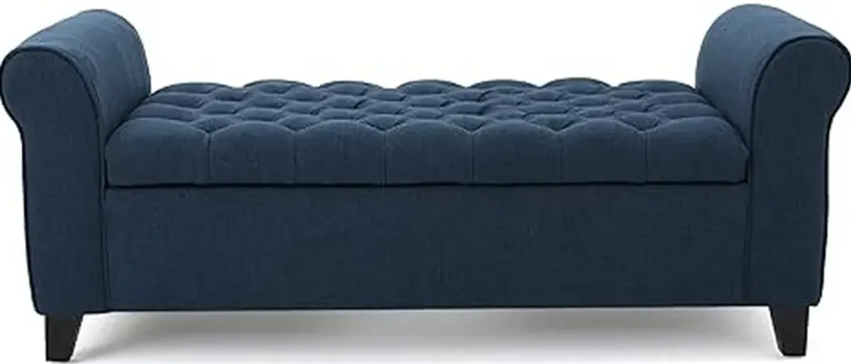 Shawn Storage Bench with Rolled Arms, 50 Inch Button Tufted, Dark Blue - Benzara