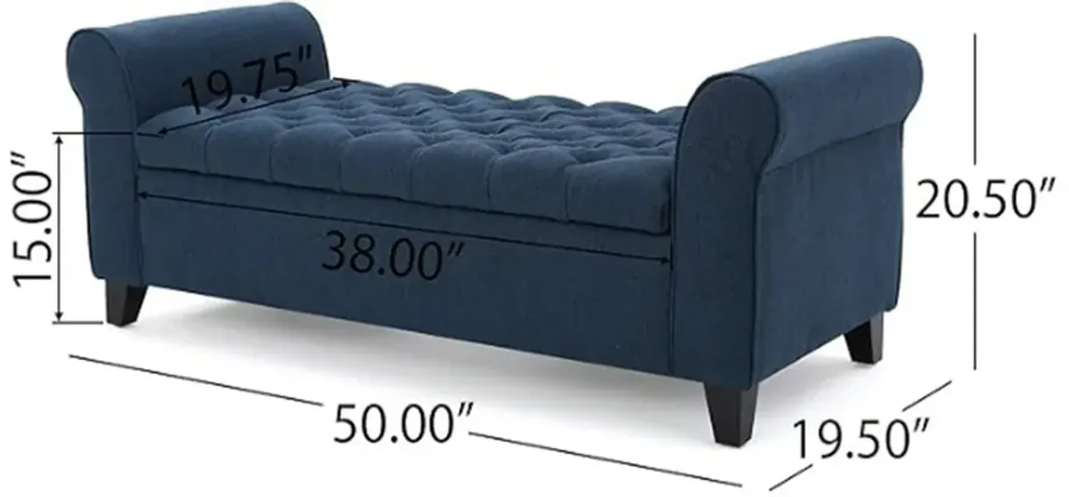 Shawn Storage Bench with Rolled Arms, 50 Inch Button Tufted, Dark Blue - Benzara