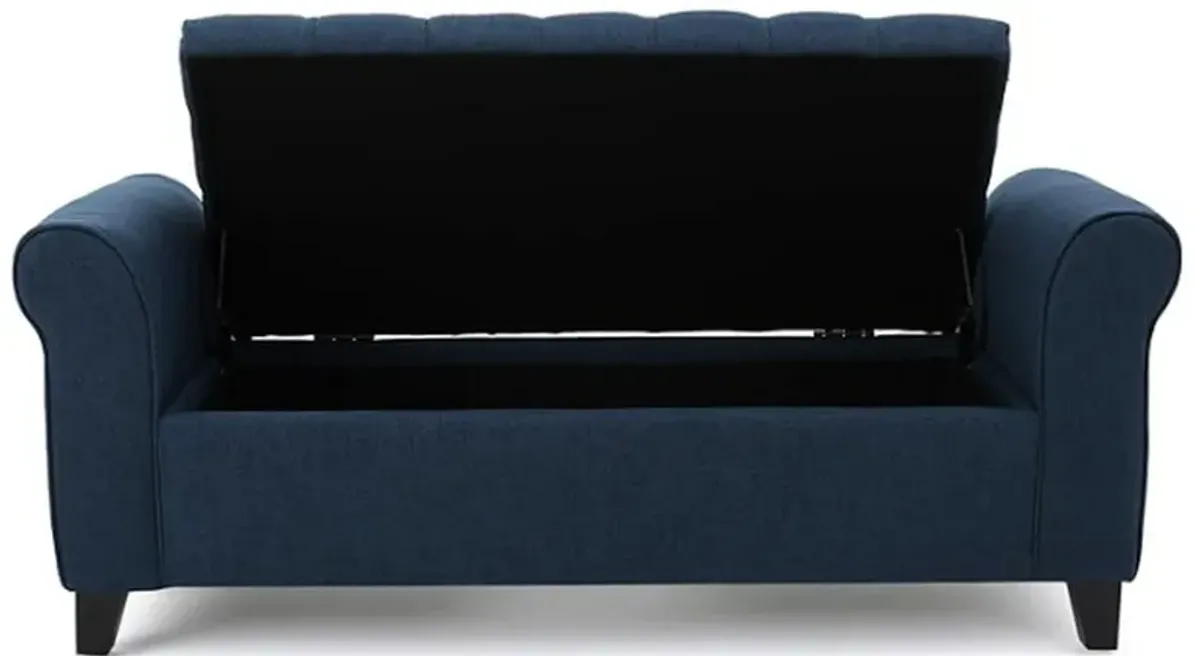 Shawn Storage Bench with Rolled Arms, 50 Inch Button Tufted, Dark Blue - Benzara