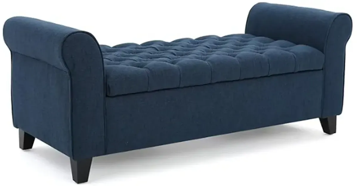 Shawn Storage Bench with Rolled Arms, 50 Inch Button Tufted, Dark Blue - Benzara