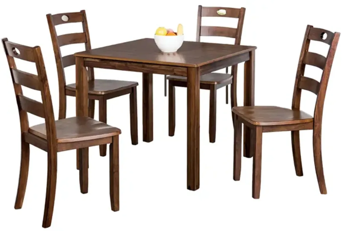 Lasie 5 Piece Dining Table Set, 4 Chairs, Slatted Backs, Brown Solid Wood