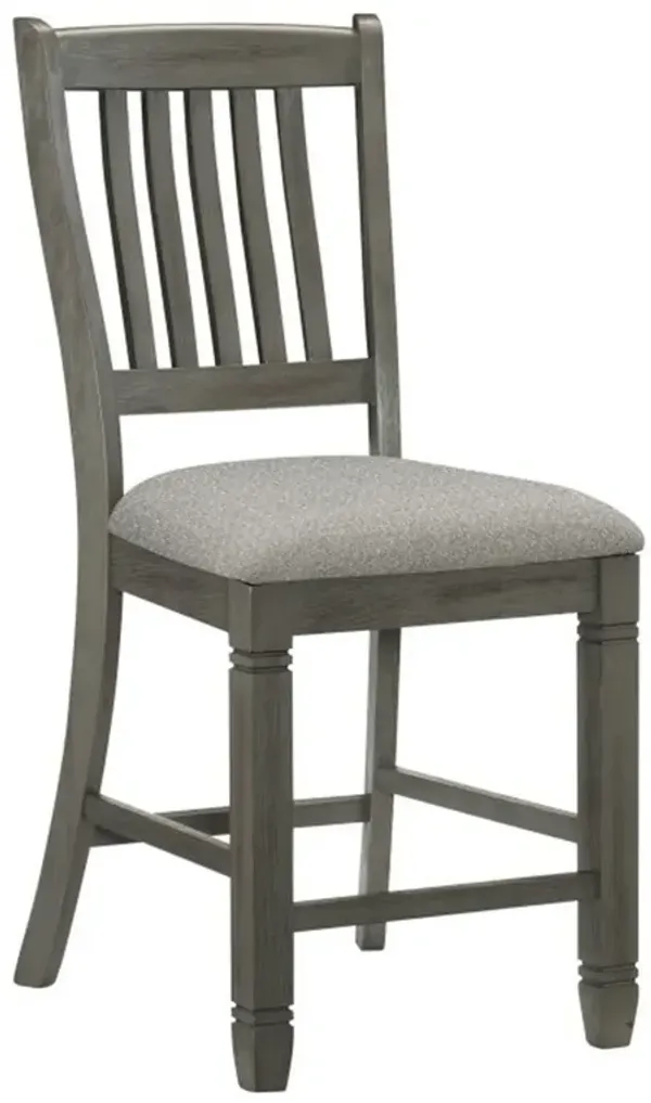 Rome 25 Inch Counter Height Chair, Fabric Seat, Antique Gray Wood, Set of 2-Benzara