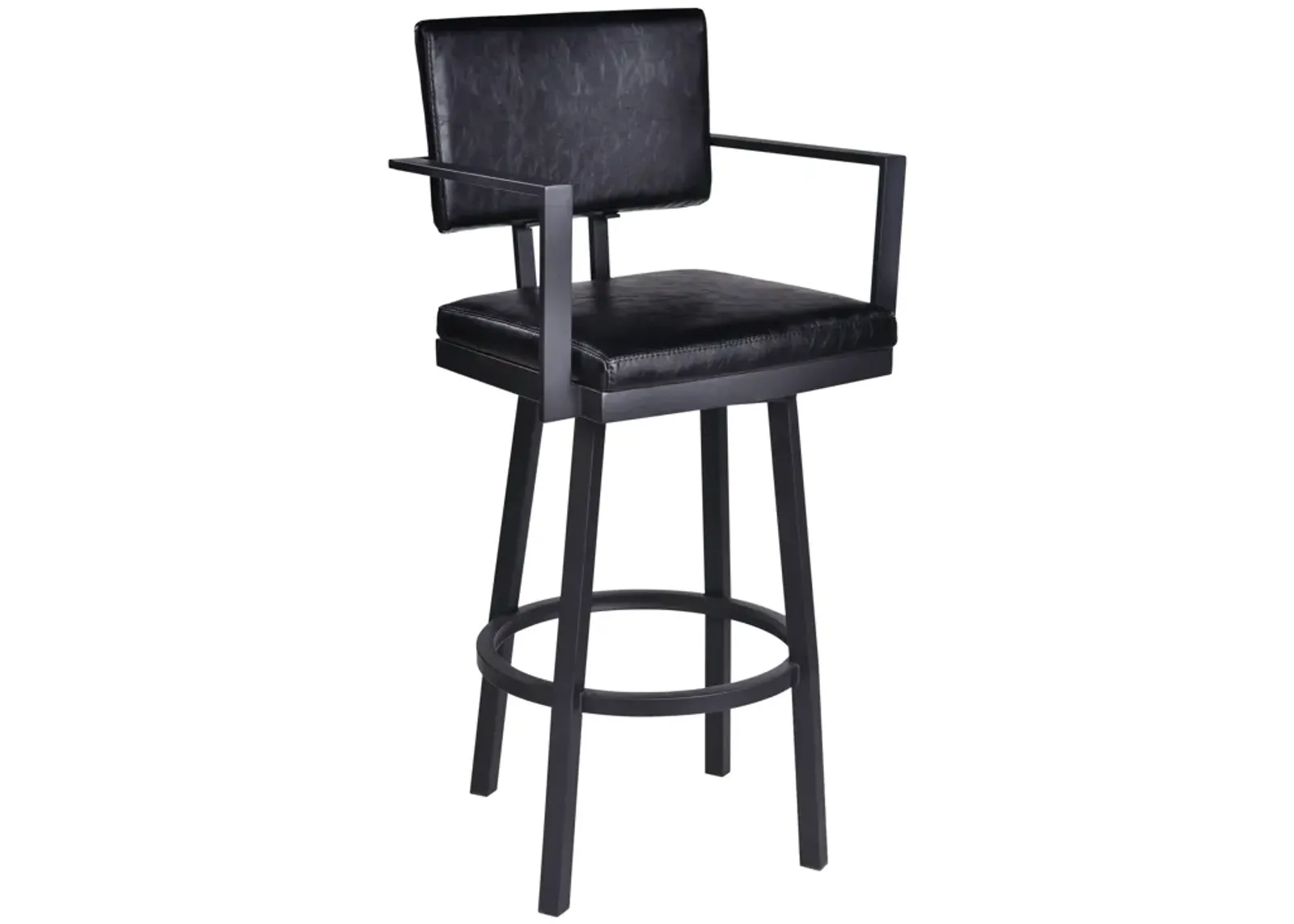 Balboa  Counter Height Swivel Vintage Black Faux Leather and Metal Bar Stool with Arms