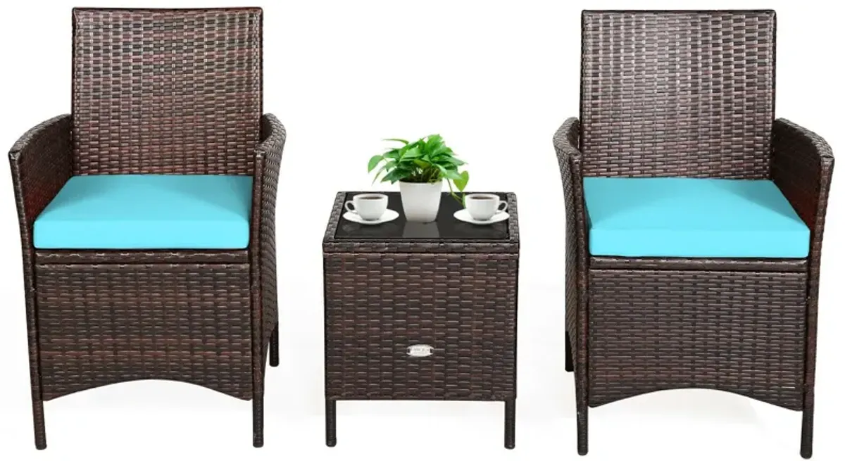 3 Pieces Patio Rattan Furniture Set Cushioned Sofa and Glass Tabletop Deck