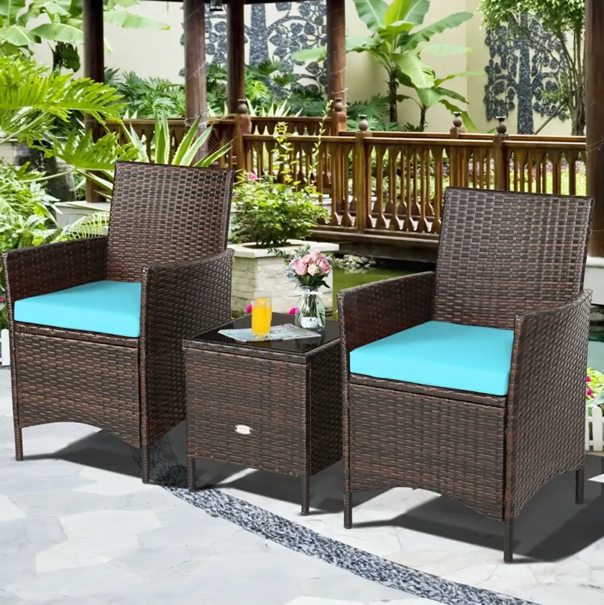 3 Pieces Patio Rattan Furniture Set Cushioned Sofa and Glass Tabletop Deck