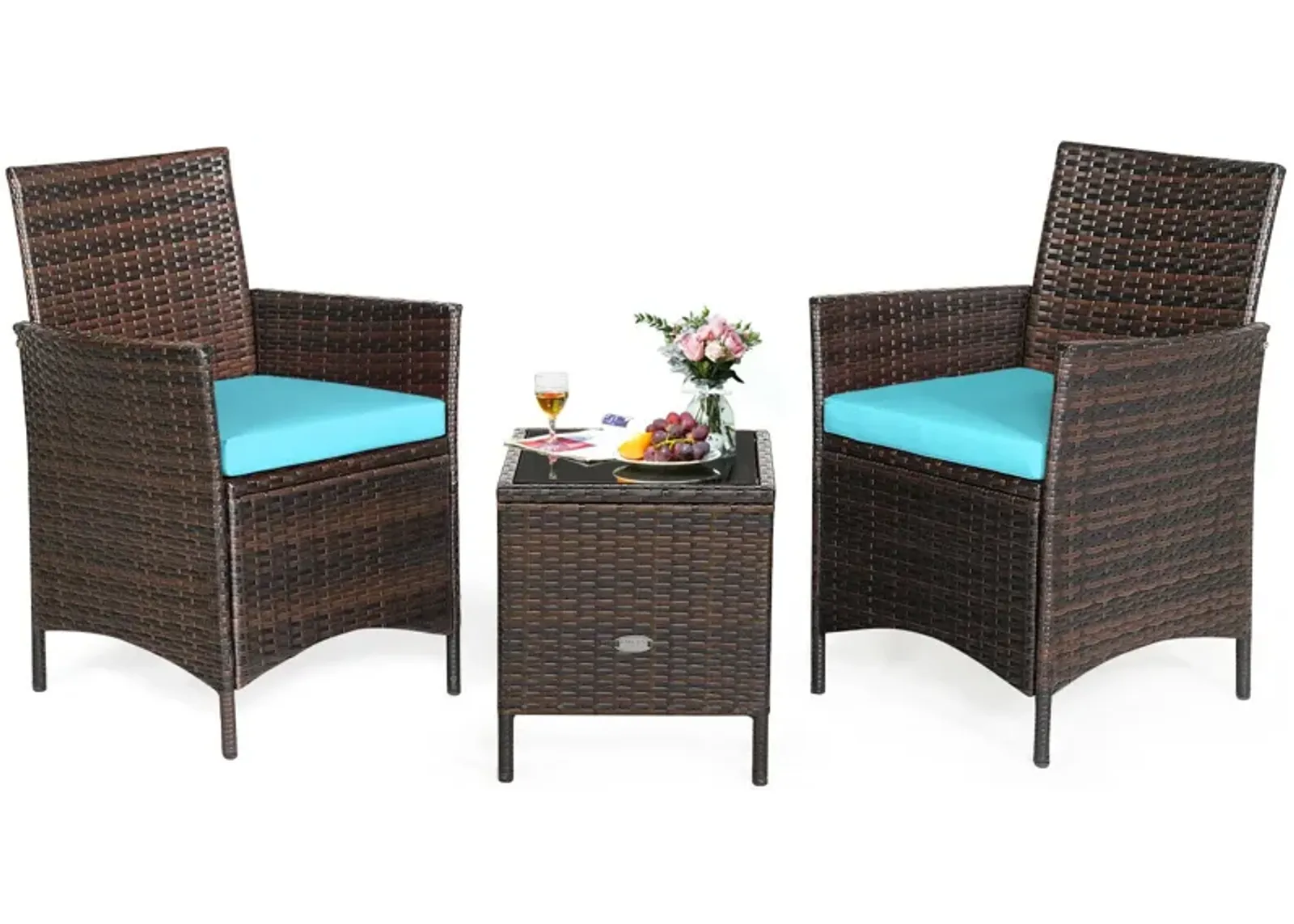 3 Pieces Patio Rattan Furniture Set Cushioned Sofa and Glass Tabletop Deck