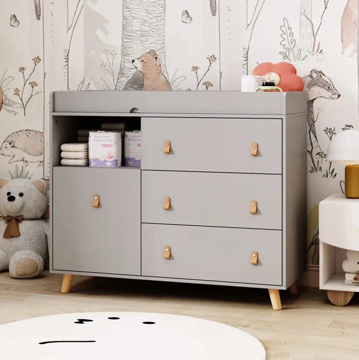 4-Drawer Gray Wood Kids Dresser Changing Table Dresser Storage Cabinet With Shelves 38 in. H x 45 in. W x 18 in. D