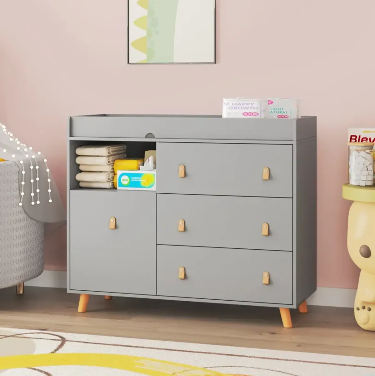 4-Drawer Gray Wood Kids Dresser Changing Table Dresser Storage Cabinet With Shelves 38 in. H x 45 in. W x 18 in. D