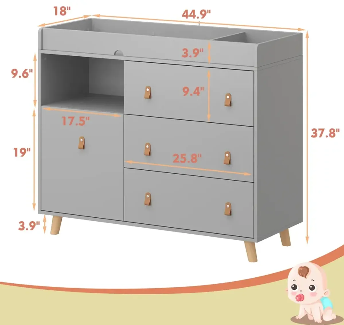 4-Drawer Gray Wood Kids Dresser Changing Table Dresser Storage Cabinet With Shelves 38 in. H x 45 in. W x 18 in. D