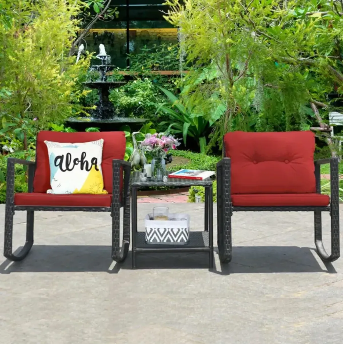 Hivvago 3 Pieces Cushioned Patio Rattan Set with Rocking Chair and Table