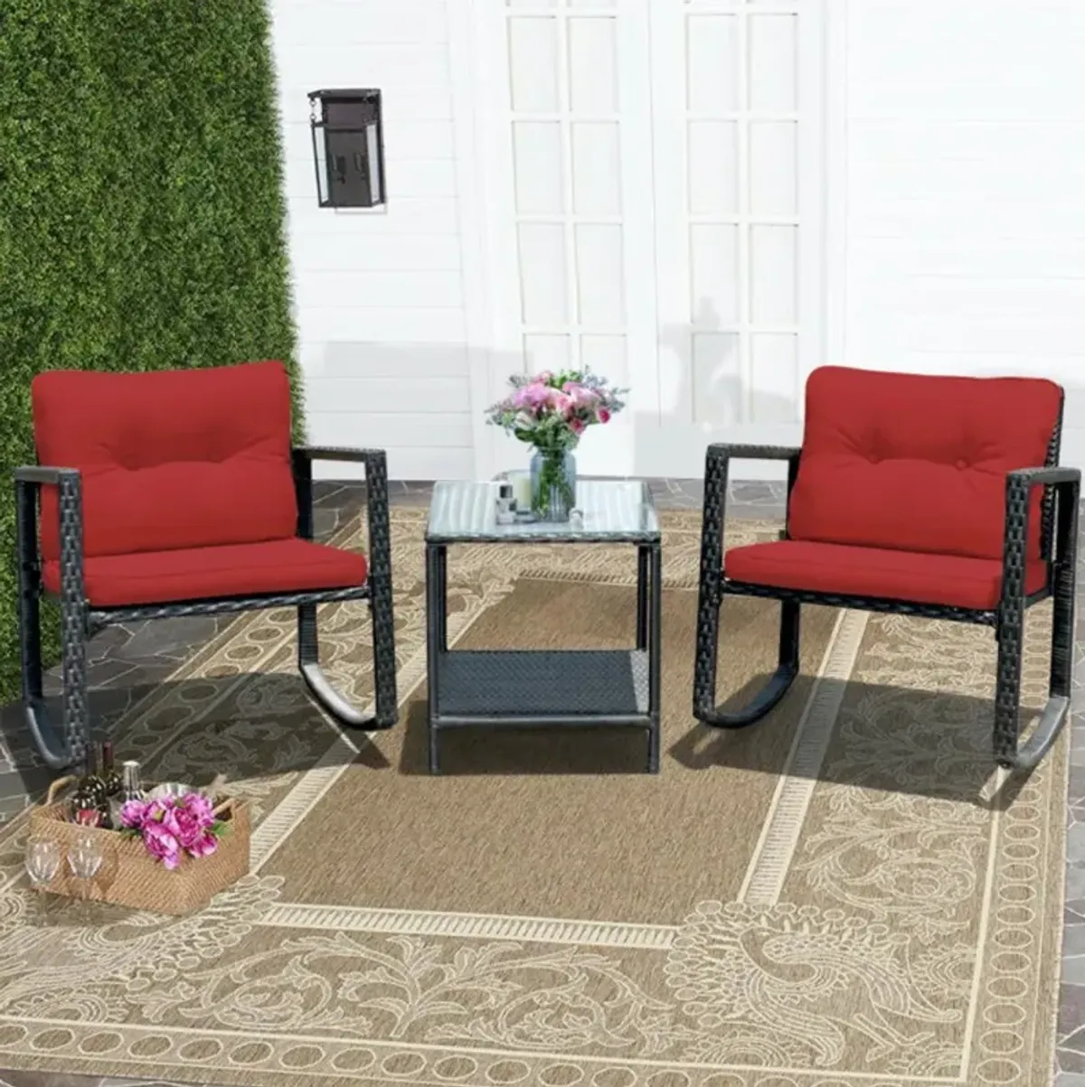 Hivvago 3 Pieces Cushioned Patio Rattan Set with Rocking Chair and Table