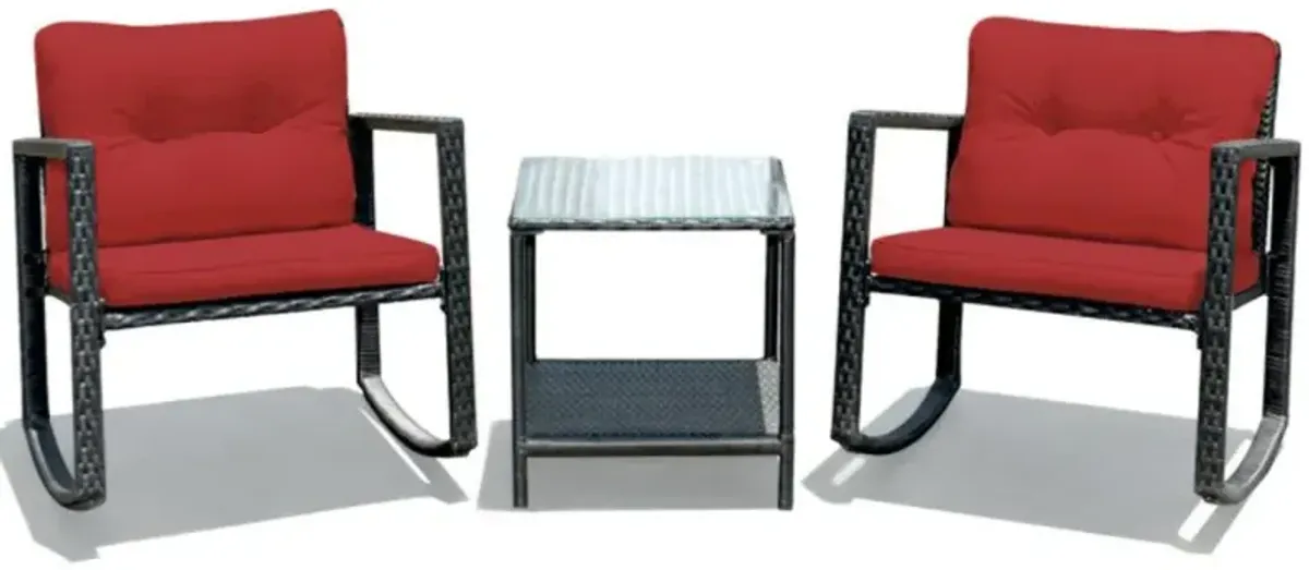 Hivvago 3 Pieces Cushioned Patio Rattan Set with Rocking Chair and Table