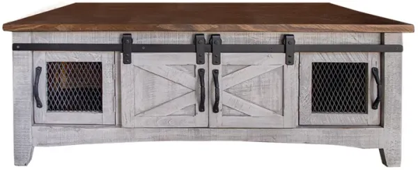 Benjara Ata 50 Inch Cocktail Coffee Table with 8 Doors, Pine Wood, Light Gray and Brown