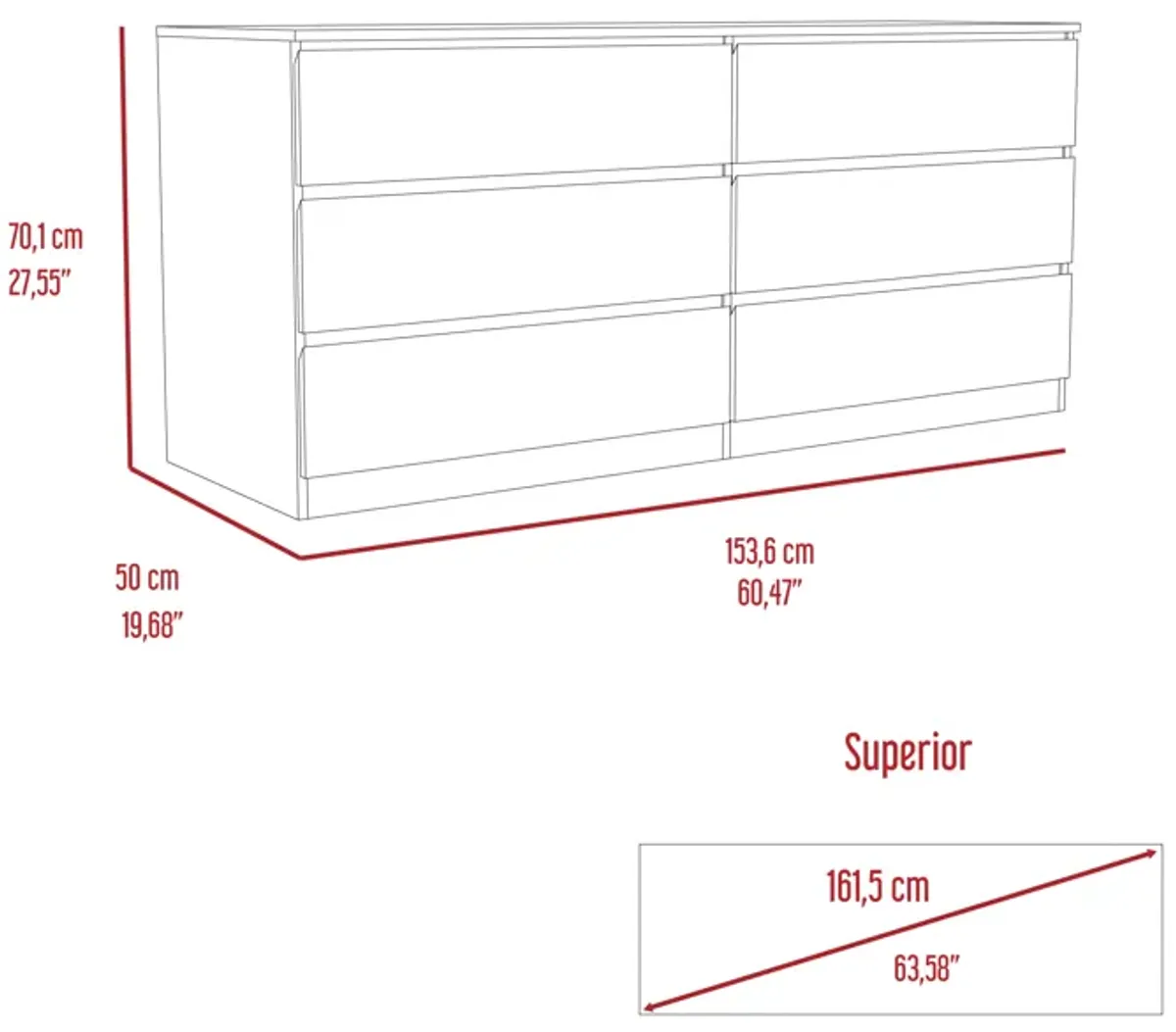 6 Drawer Double Dresser Tronx, Bedroom, White