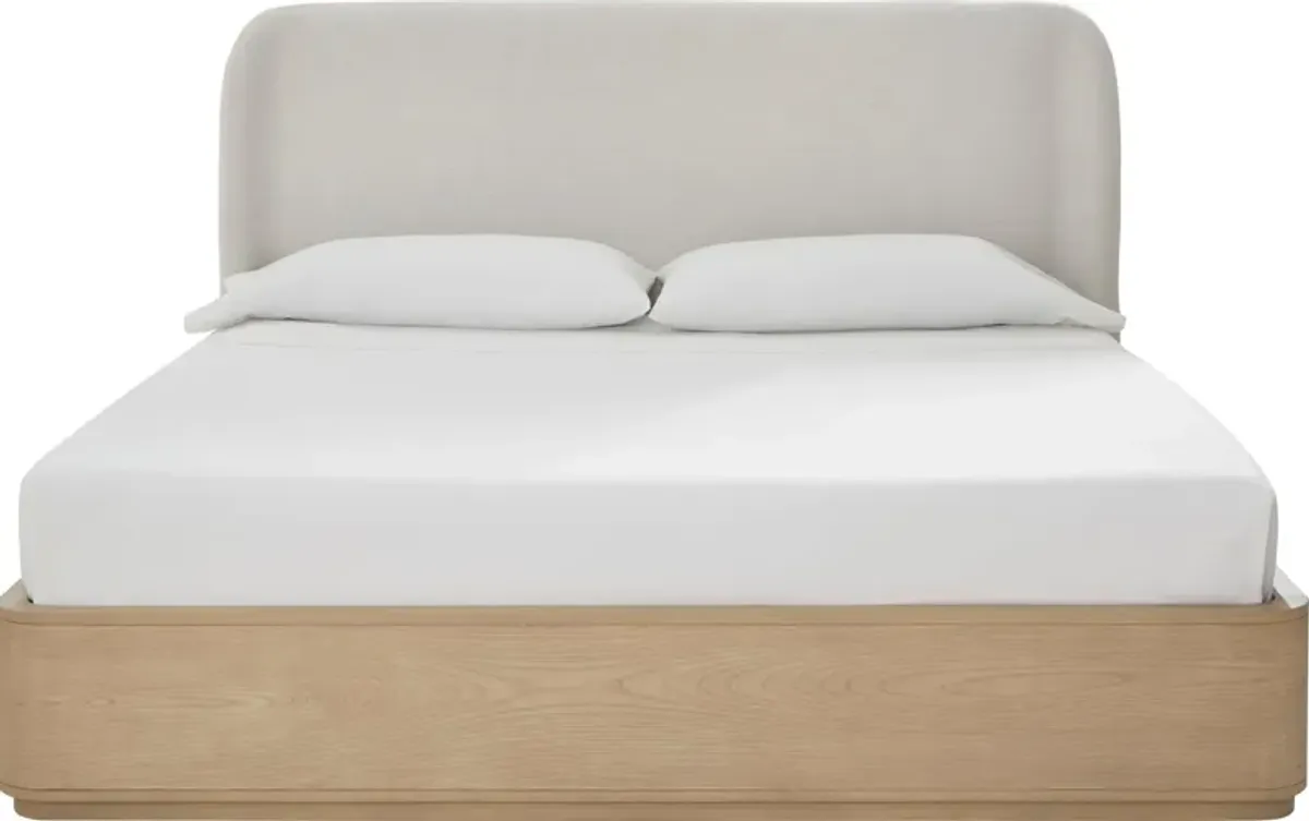 Penny Full-size Linen Upholstered Platform Bed in Buff Cream Oak