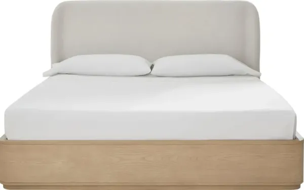 Penny Full-size Linen Upholstered Platform Bed in Buff Cream Oak