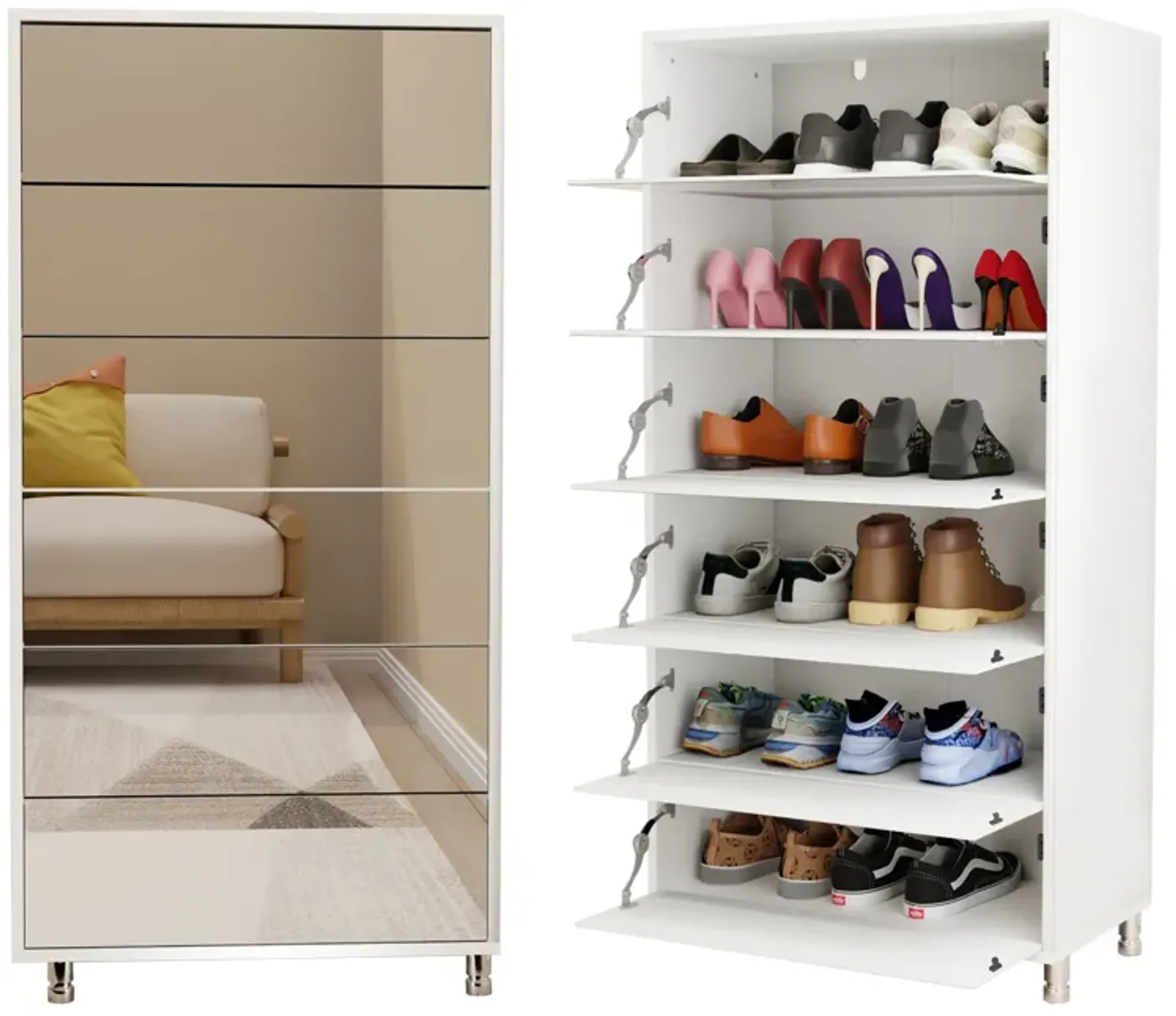 Mirror Shoe Cabinet With 6 Flip Drawers, Mirror Shoe Rack Organizer Store Ample Shoes, Mirror Shoe Storage With 4 Metal Legs, Door Opening Using Hand-Touch Flip-Out Door, White