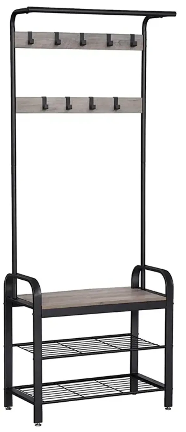 72 Inch Metal Frame Hall Tree with 9 Hooks, Brown and Black - Benzara