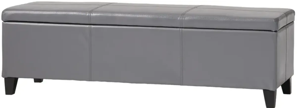 Elias Storage Ottoman Bench, Gray Faux Leather, Stitch Detail, 51 Inch -Benzara