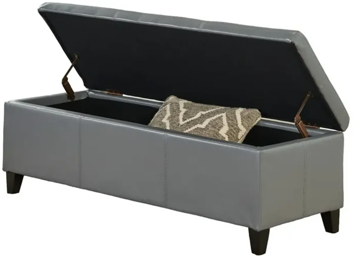 Elias Storage Ottoman Bench, Gray Faux Leather, Stitch Detail, 51 Inch -Benzara