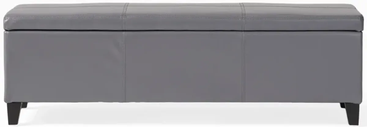 Elias Storage Ottoman Bench, Gray Faux Leather, Stitch Detail, 51 Inch -Benzara