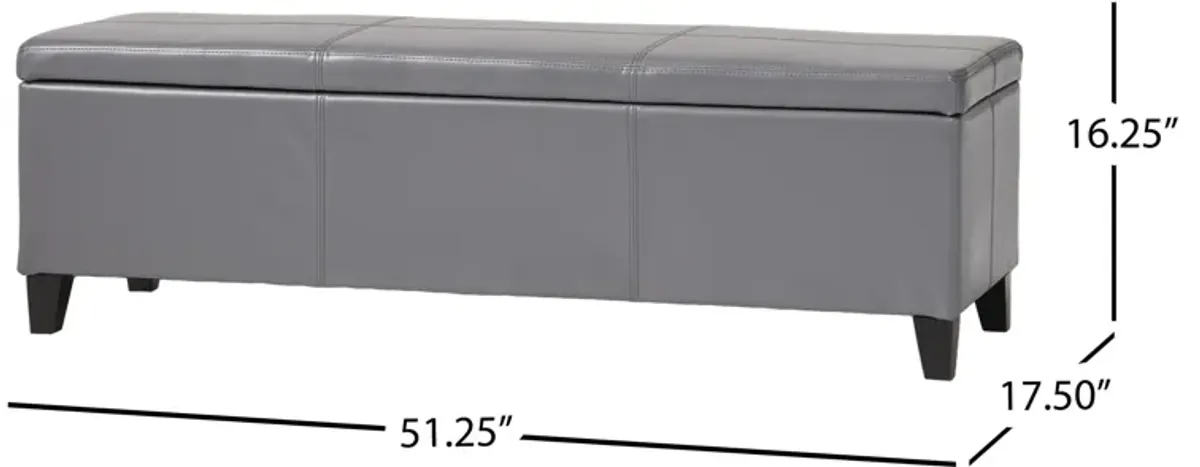 Elias Storage Ottoman Bench, Gray Faux Leather, Stitch Detail, 51 Inch -Benzara