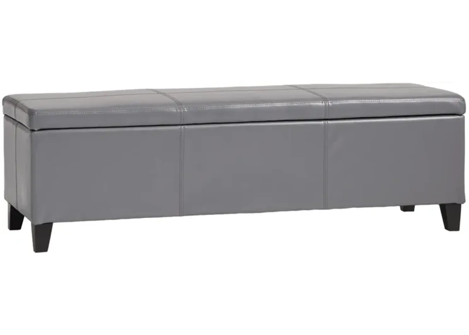 Elias Storage Ottoman Bench, Gray Faux Leather, Stitch Detail, 51 Inch -Benzara