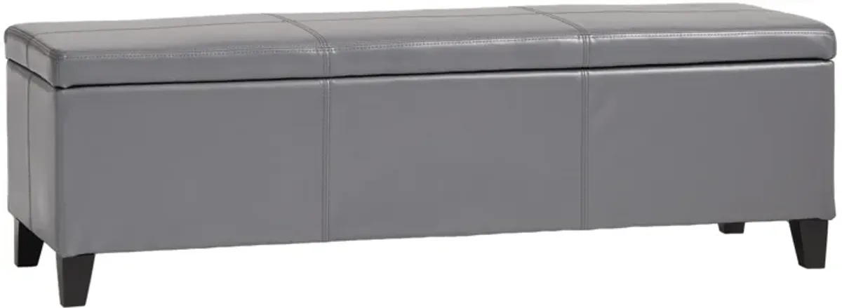 Elias Storage Ottoman Bench, Gray Faux Leather, Stitch Detail, 51 Inch -Benzara