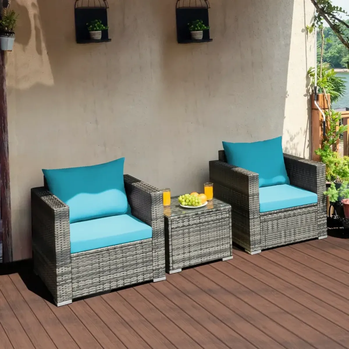 3 Pieces Patio Rattan Furniture Bistro Sofa Set with Cushioned