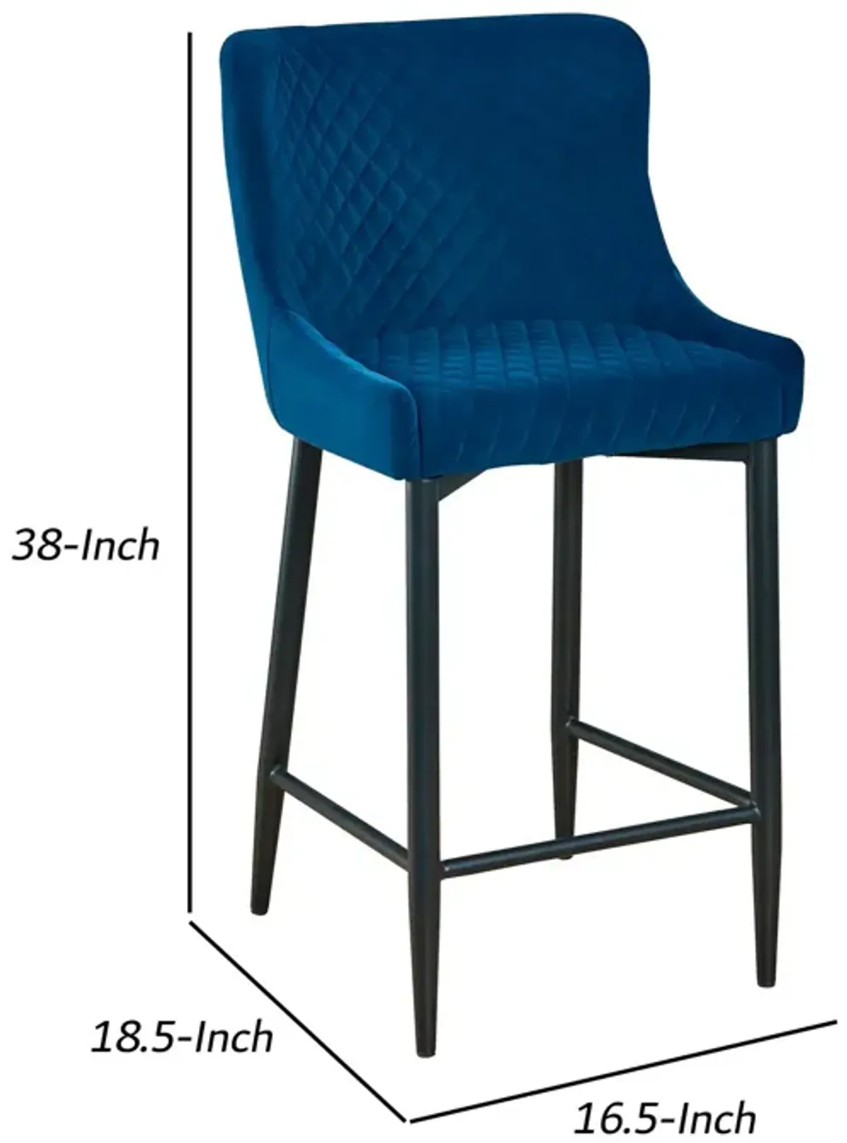 Tika 26 Inch Counter Height Chair, Set of 2, Deep Blue Velvet  - Benzara