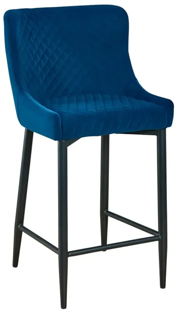 Tika 26 Inch Counter Height Chair, Set of 2, Deep Blue Velvet  - Benzara