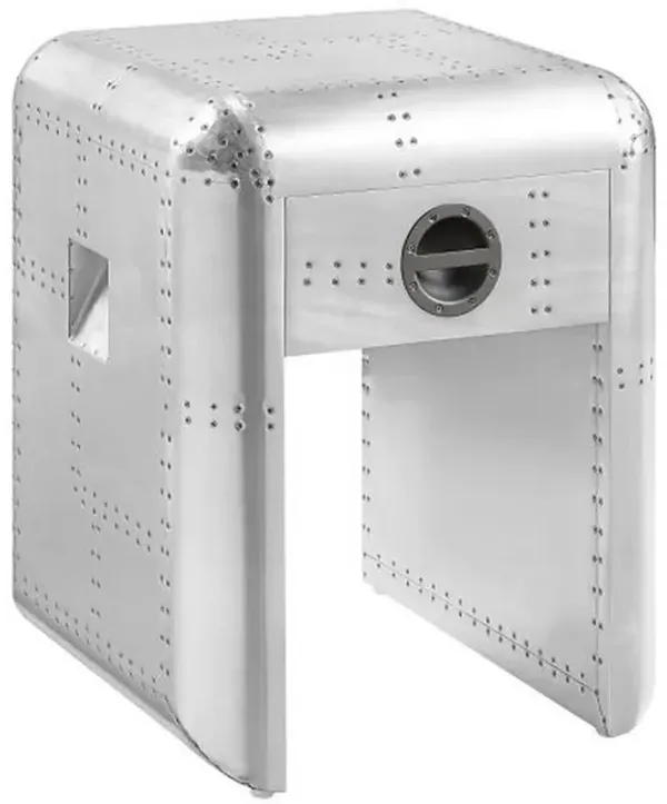 Benjara Bran 20 Inch End Table with Single Drawer, Wood, Glass, Aluminium Metal, White and Clear