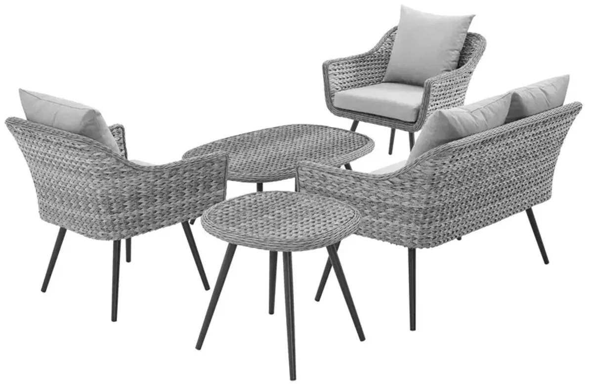 Modway - Endeavor 5 Piece Outdoor Patio Wicker Rattan Loveseat Armchair Coffee + Side Table Set Gray Gray