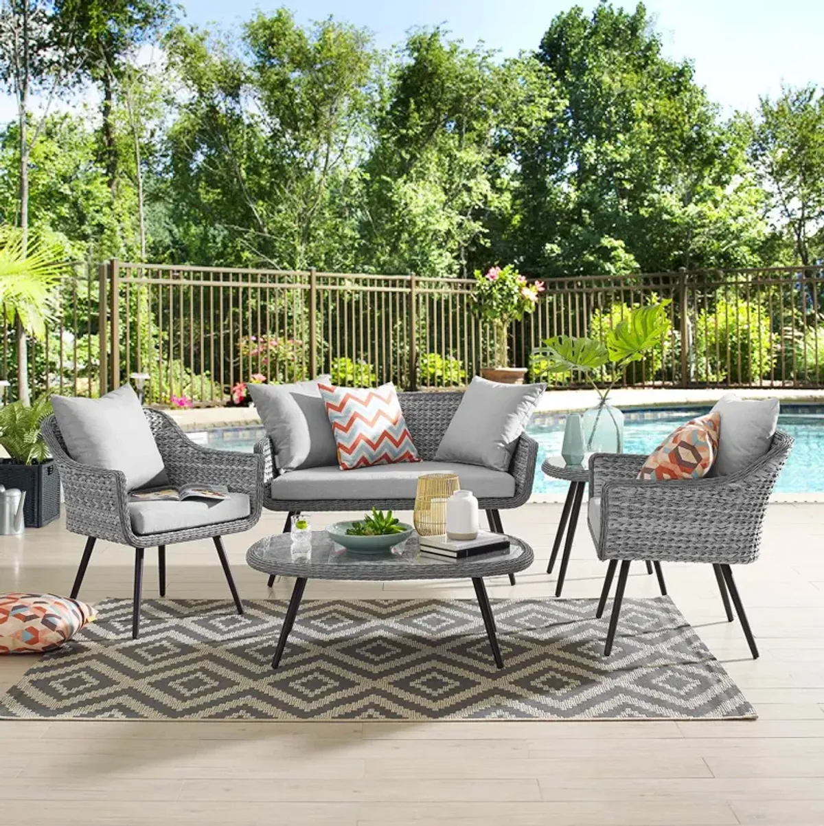 Modway - Endeavor 5 Piece Outdoor Patio Wicker Rattan Loveseat Armchair Coffee + Side Table Set Gray Gray