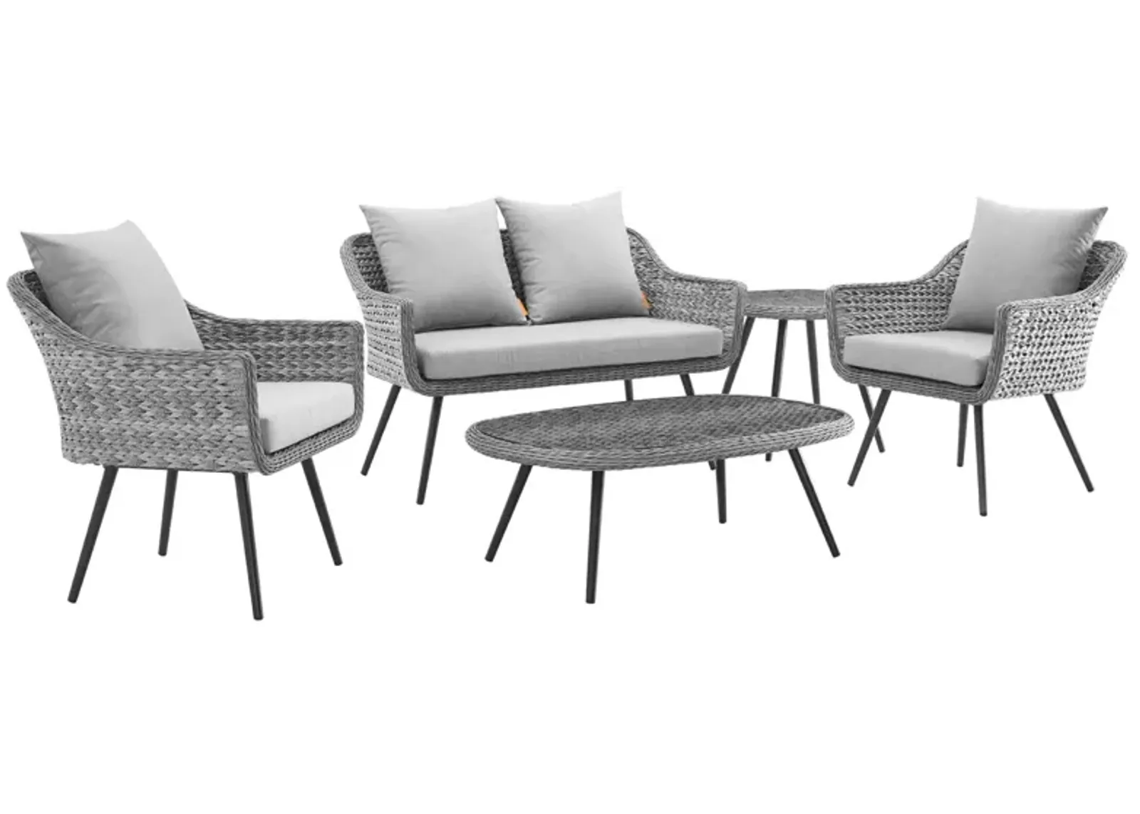 Modway - Endeavor 5 Piece Outdoor Patio Wicker Rattan Loveseat Armchair Coffee + Side Table Set Gray Gray