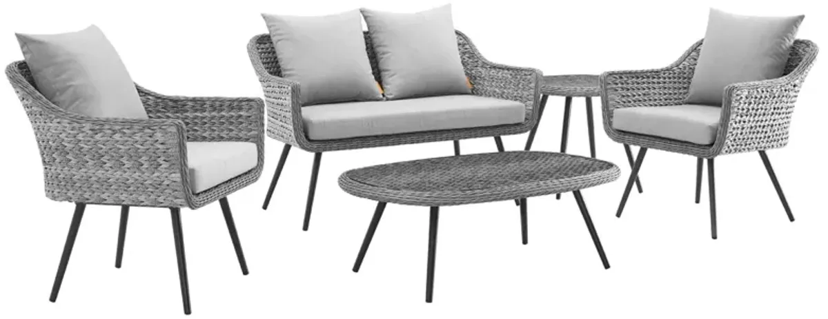 Modway - Endeavor 5 Piece Outdoor Patio Wicker Rattan Loveseat Armchair Coffee + Side Table Set Gray Gray