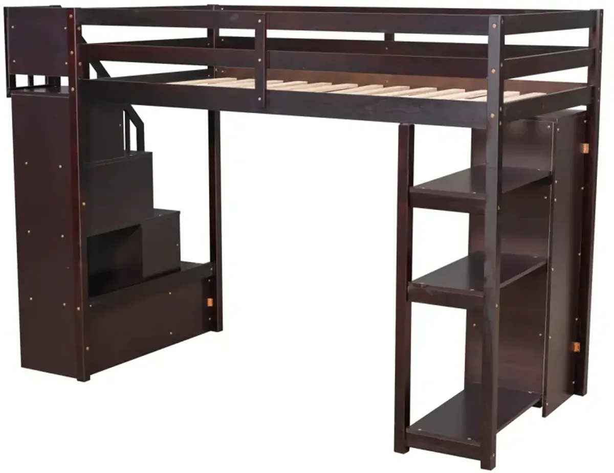 Twin Size Loft Bed With Storage Drawers And Stairs, Wooden Loft Bed With Shelves